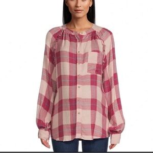 Time And Tru Maternity L Pink Plaid Long Sleeve Button Up Blouse Top